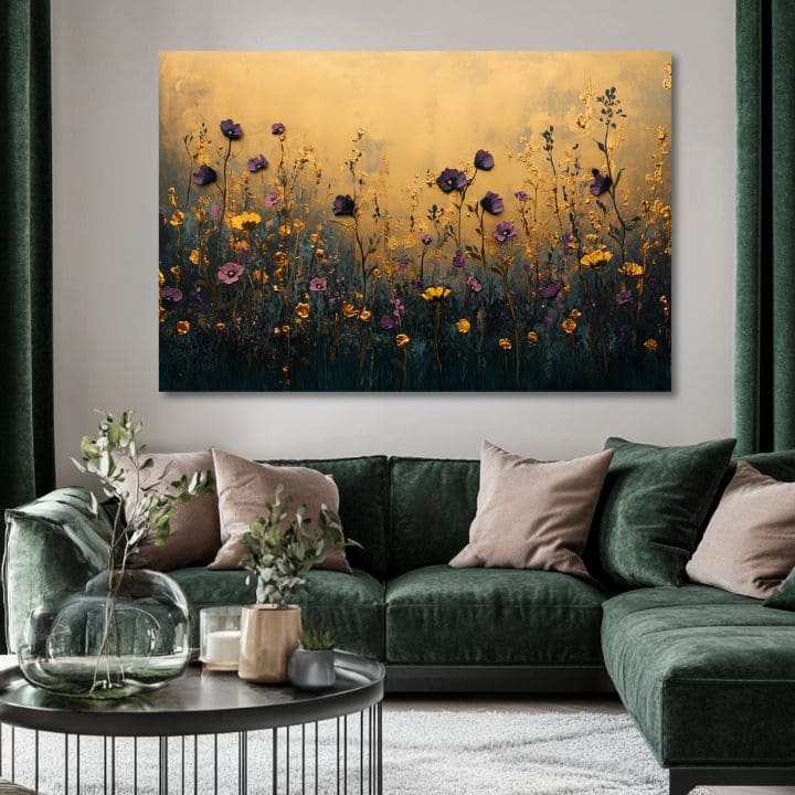 Pictat manual tablou pe pânză cu motivul večerná pajiște, maci în auriu-galben nuanțe, atmosferă elegantă, natură și impresie de lux | Tablou večerná pajiște – produs