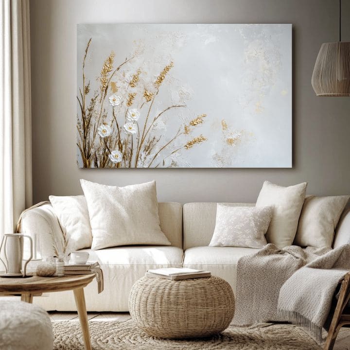 Pictat manual tablou pe pânză cu motivul tichá pajiște în alb-auriu nuanțe, atmosferă liniștită, natură și minimalism | Tablou tichá pajiște – produs