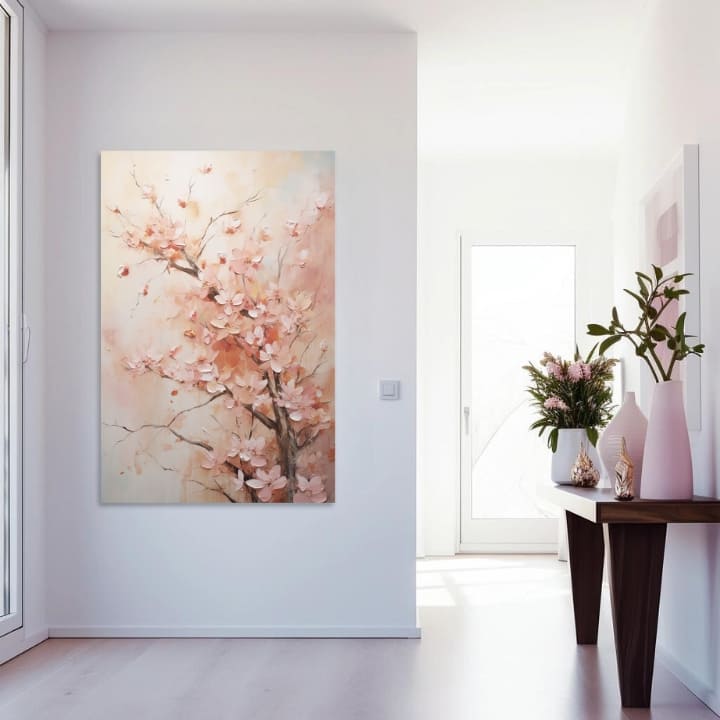 Modern tablou pe pânză cu motivul flori de cireș, flori, primăvară, natură în bej-roz nuanțe, atmosferă liniștită, atmosferă de primăvară și simbol al reînnoirii – produs