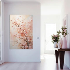 Modern tablou pe pânză cu motivul flori de cireș, flori, primăvară, natură în bej-roz nuanțe, atmosferă liniștită, atmosferă de primăvară și simbol al reînnoirii – produs