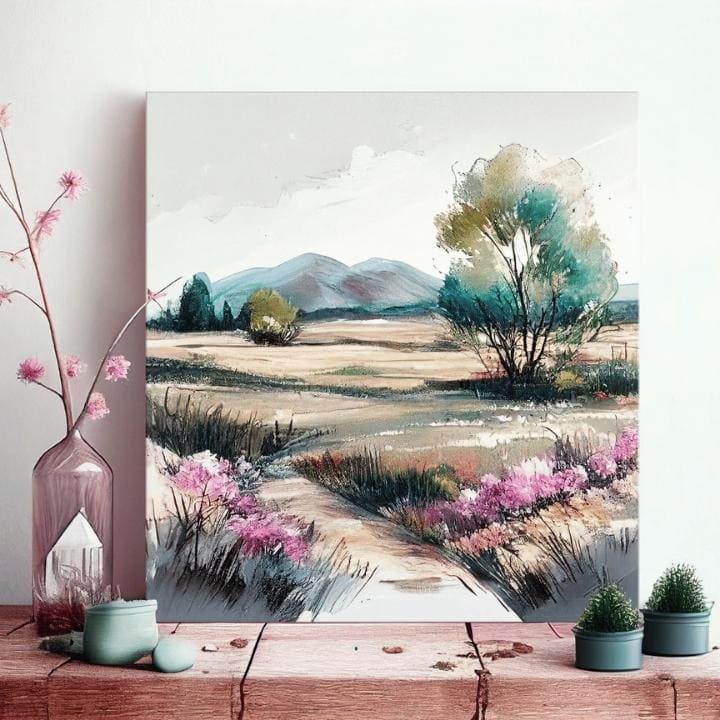 Modern tablou pe pânză cu motivul munți, copaci, potecă, câmp, peisaj în multicolor nuanțe, atmosferă liniștită, natură și atmosferă de primăvară – produs