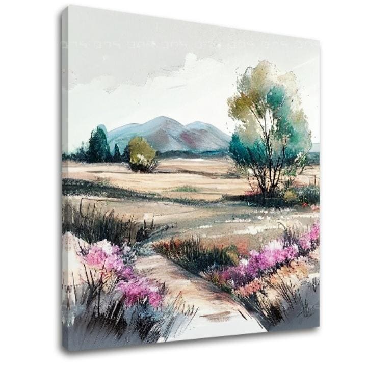 Modern tablou pe pânză cu motivul munți, copaci, potecă, câmp, peisaj în multicolor nuanțe, atmosferă liniștită, natură și atmosferă de primăvară – principală