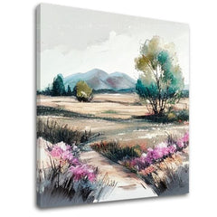 Modern tablou pe pânză cu motivul munți, copaci, potecă, câmp, peisaj în multicolor nuanțe, atmosferă liniștită, natură și atmosferă de primăvară – principală