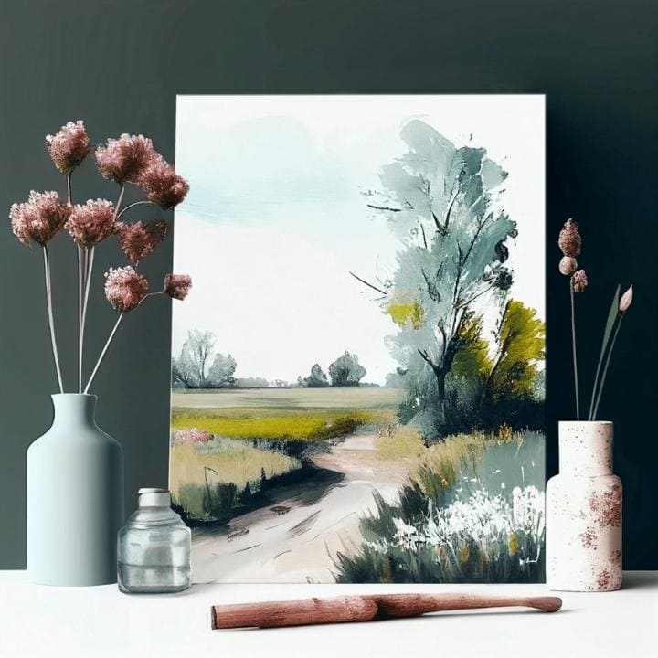 În stil boho tablou pe pânză cu motivul potecă, copaci, câmp, cer, peisaj în alb-maro nuanțe, atmosferă liniștită, natură, potrivit pentru sufragerie – produs