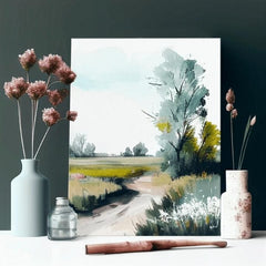 În stil boho tablou pe pânză cu motivul potecă, copaci, câmp, cer, peisaj în alb-maro nuanțe, atmosferă liniștită, natură, potrivit pentru sufragerie – produs