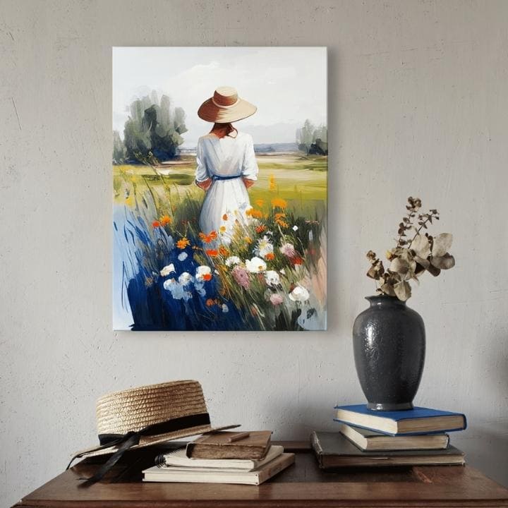 Modern tablou pe pânză cu motivul femeie, câmp, copaci, peisaj, flori în multicolor nuanțe, atmosferă liniștită, natură și singurătate, potrivit pentru birou de lucru – produs