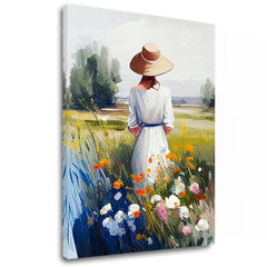 Modern tablou pe pânză cu motivul femeie, câmp, copaci, peisaj, flori în multicolor nuanțe, atmosferă liniștită, natură și singurătate, potrivit pentru birou de lucru – principală