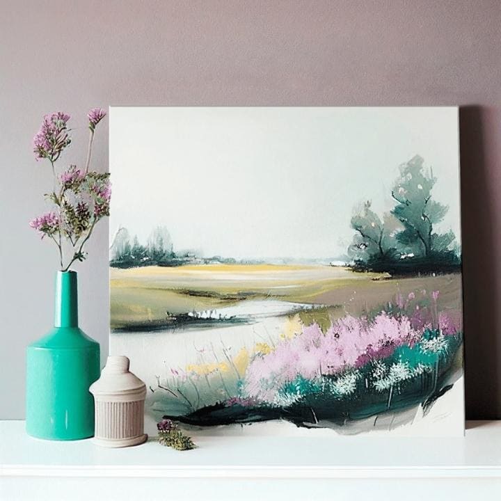 Modern tablou pe pânză cu motivul copaci, câmp, cer, flori, natură în multicolor nuanțe, atmosferă liniștită, natură și atmosferă de primăvară – produs