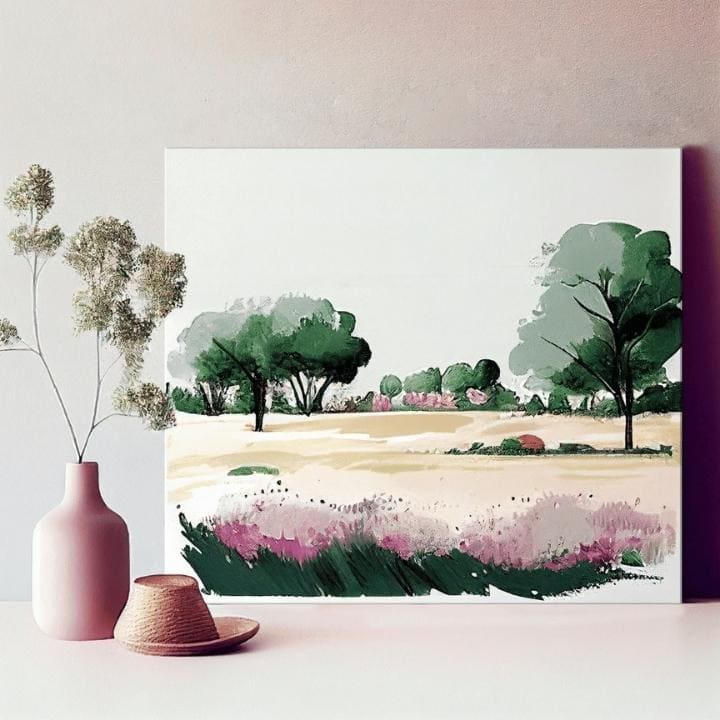 Pop art tablou pe pânză cu motivul copaci, câmp, potecă, cer, peisaj în bej-violet nuanțe, atmosferă liniștită, natură și atmosferă de primăvară – produs