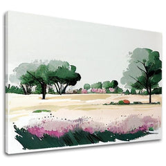 Pop art tablou pe pânză cu motivul copaci, câmp, potecă, cer, peisaj în bej-violet nuanțe, atmosferă liniștită, natură și atmosferă de primăvară – principală