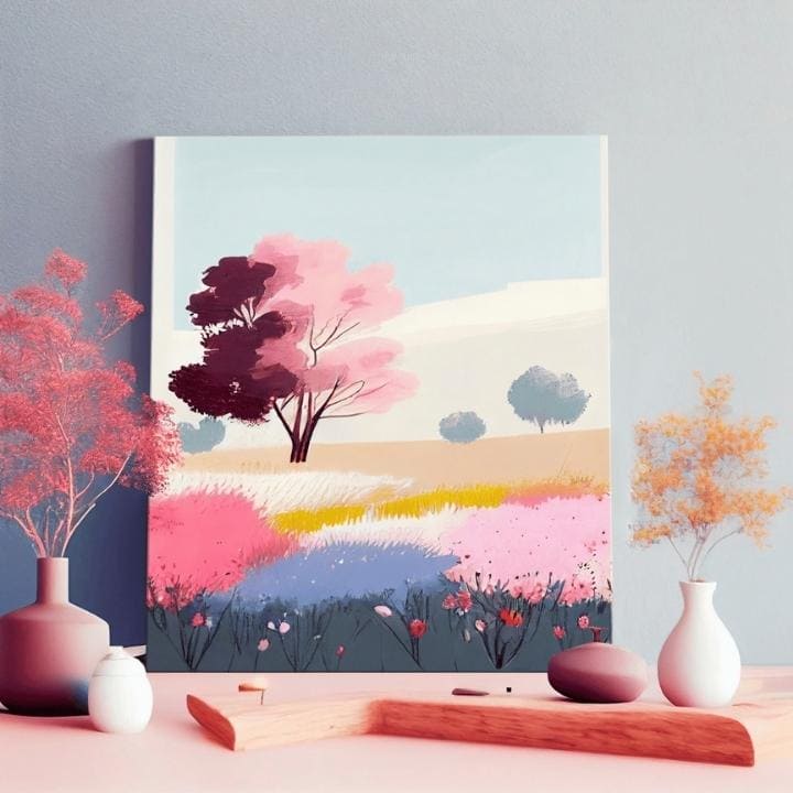 În stil boho tablou pe pânză cu motivul copac, flori, câmp, cer, natură în multicolor nuanțe, atmosferă de vis, natură și atmosferă de primăvară – produs