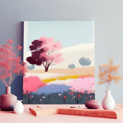 În stil boho tablou pe pânză cu motivul copac, flori, câmp, cer, natură în multicolor nuanțe, atmosferă de vis, natură și atmosferă de primăvară – produs