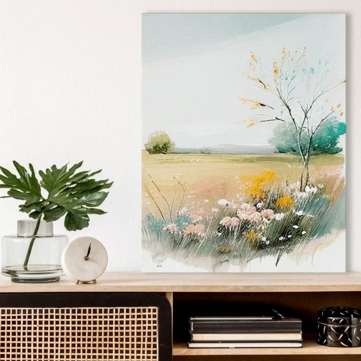 Modern tablou pe pânză cu motivul câmp, copac, cer, flori, natură în multicolor nuanțe, atmosferă liniștită, natură și atmosferă de primăvară – produs