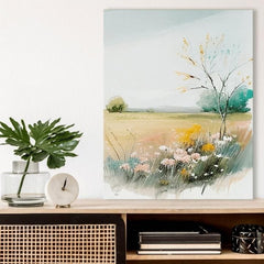 Modern tablou pe pânză cu motivul câmp, copac, cer, flori, natură în multicolor nuanțe, atmosferă liniștită, natură și atmosferă de primăvară – produs