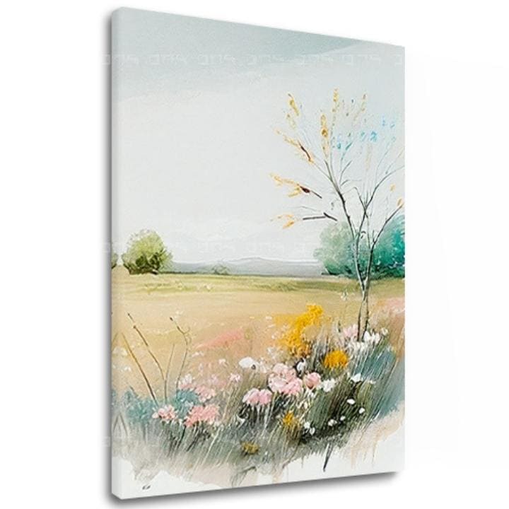 Modern tablou pe pânză cu motivul câmp, copac, cer, flori, natură în multicolor nuanțe, atmosferă liniștită, natură și atmosferă de primăvară – principală