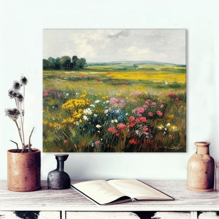 În stil boho tablou pe pânză cu motivul pajiște, copaci, cer, flori, natură în alb-roz nuanțe, atmosferă liniștită, natură și atmosferă de primăvară – produs