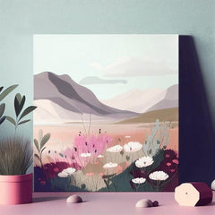 Modern tablou pe pânză cu motivul munți, cer, nori, câmp, peisaj în multicolor nuanțe, atmosferă liniștită, natură și minimalism, potrivit pentru birou de lucru – produs