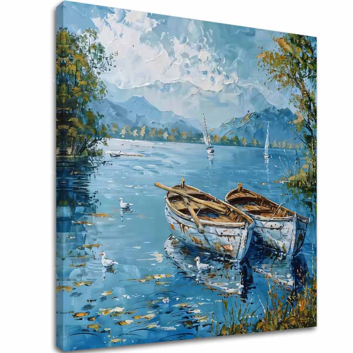 În stil scandinav tablou pe pânză cu motivul Scenéria s loďkami, lac, munți, copaci, păsări în alb-albastru nuanțe, atmosferă liniștită – principală
