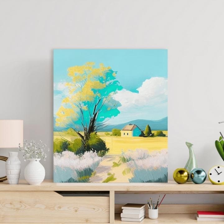 Pop art tablou pe pânză cu motivul copac, potecă, cer, nori, flori în multicolor nuanțe, atmosferă liniștită, natură și acasă, potrivit pentru sufragerie – produs