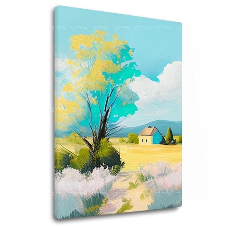 Pop art tablou pe pânză cu motivul copac, potecă, cer, nori, flori în multicolor nuanțe, atmosferă liniștită, natură și acasă, potrivit pentru sufragerie – principală