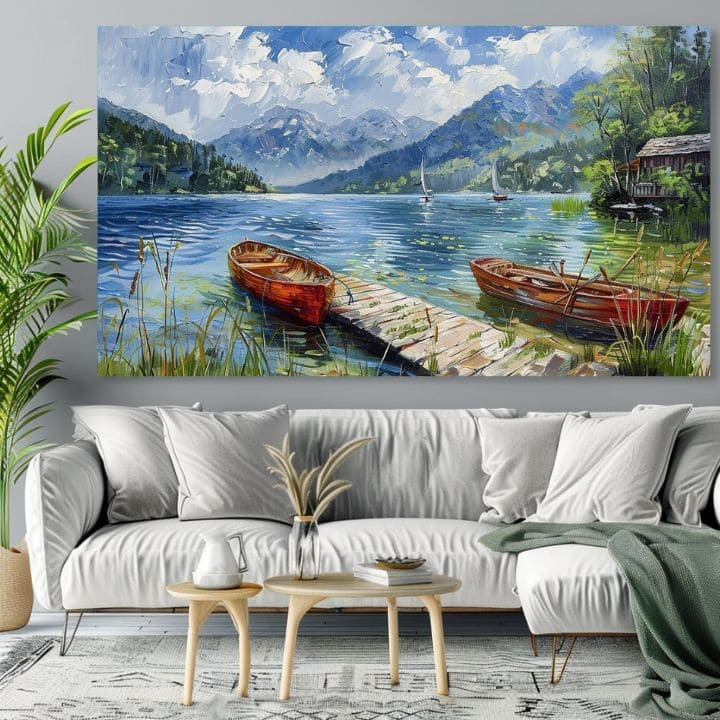 Pop art tablou pe pânză cu motivul Miesto na oddych, lac, munți, motiv pentru copii, animal în alb-albastru nuanțe, atmosferă liniștită, potrivit pentru sufragerie – produs