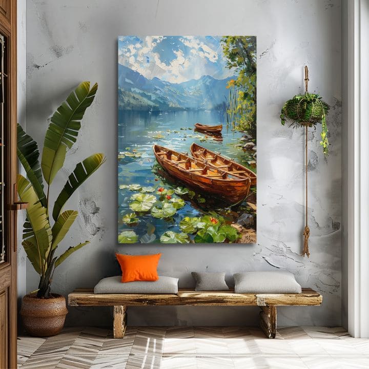 Pop art tablou pe pânză cu motivul Romantika vo dvojici, lac, munți, cer în alb-maro nuanțe, atmosferă liniștită, natură, potrivit pentru sufragerie – produs
