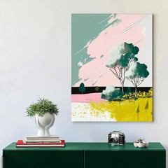 Pop art tablou pe pânză cu motivul copaci, câmp, cer, soare, flori în albastru-roz nuanțe, atmosferă veselă, atmosferă de primăvară și natură – produs