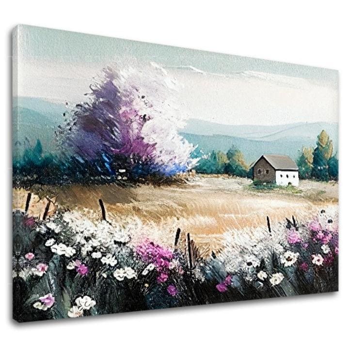 Modern tablou pe pânză cu motivul peisaj, copac, munți, flori, natură în multicolor nuanțe, atmosferă liniștită, natură și singurătate, potrivit pentru sufragerie – principală