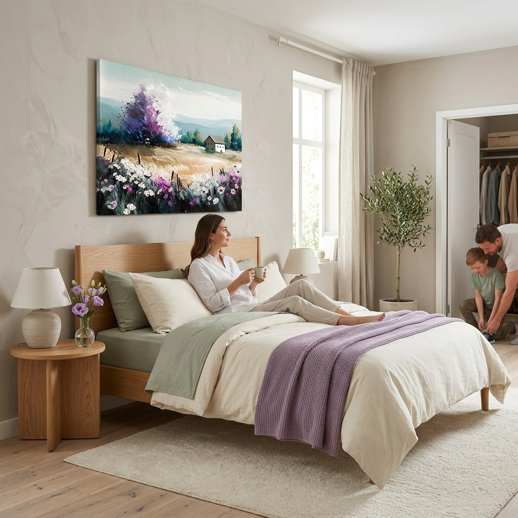 Modern tablou pe pânză cu motivul peisaj, copac, munți, flori, natură în multicolor nuanțe agățat în interiorul sufragerie, atmosferă liniștită – interior