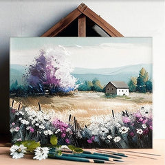 Modern tablou pe pânză cu motivul peisaj, copac, munți, flori, natură în multicolor nuanțe, atmosferă liniștită, natură și singurătate, potrivit pentru sufragerie – produs