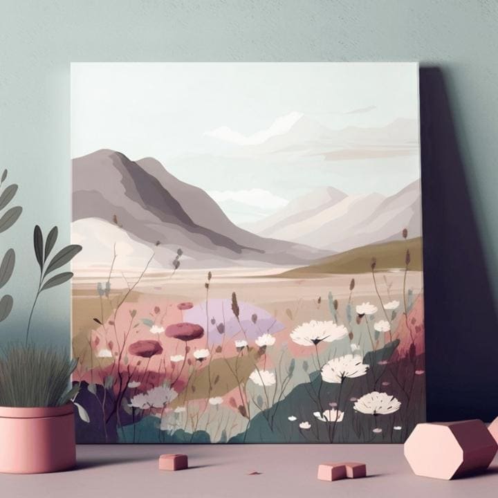 Modern tablou pe pânză cu motivul munți, cer, nori, peisaj, flori în alb-bej nuanțe, atmosferă liniștită, natură și singurătate, potrivit pentru birou de lucru – produs