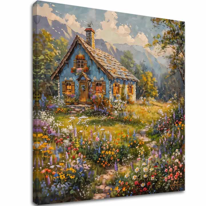 Modern tablou pe pânză cu motivul Letná skrýša, grădină, munți, cer în verde-auriu nuanțe, atmosferă liniștită, acasă și natură | Tablou peisaj pe pânză Letná skrýša – principală