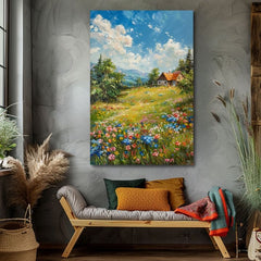 Pop art tablou pe pânză cu motivul Chalúpka v horách, munți, cer, copaci în albastru-roz nuanțe, atmosferă liniștită, natură, potrivit pentru hol – produs, vedere 2