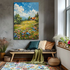 Pop art tablou pe pânză cu motivul Chalúpka v horách, munți, cer, copaci în albastru-roz nuanțe, atmosferă liniștită, natură, potrivit pentru hol – produs
