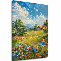Pop art tablou pe pânză cu motivul Chalúpka v horách, munți, cer, copaci în albastru-roz nuanțe, atmosferă liniștită, natură, potrivit pentru hol – principală