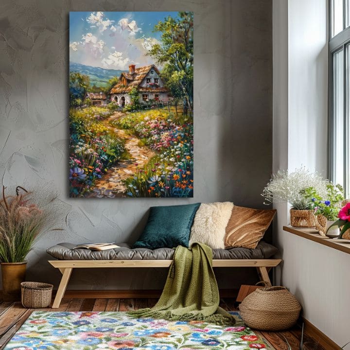 Modern tablou pe pânză cu motivul Cesta do rozprávky, munți, cer în albastru-roz nuanțe, atmosferă liniștită, acasă și natură, potrivit pentru sufragerie – produs