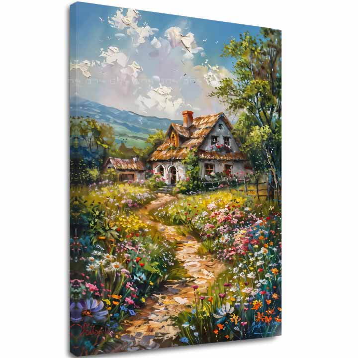 Modern tablou pe pânză cu motivul Cesta do rozprávky, munți, cer în albastru-roz nuanțe, atmosferă liniștită, acasă și natură, potrivit pentru sufragerie – principală