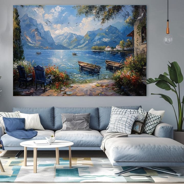 Art deco tablou pe pânză cu motivul Prístav v horách, munți, lac, flori în alb-albastru nuanțe, atmosferă liniștită, natură, potrivit pentru sufragerie – produs, vedere 2
