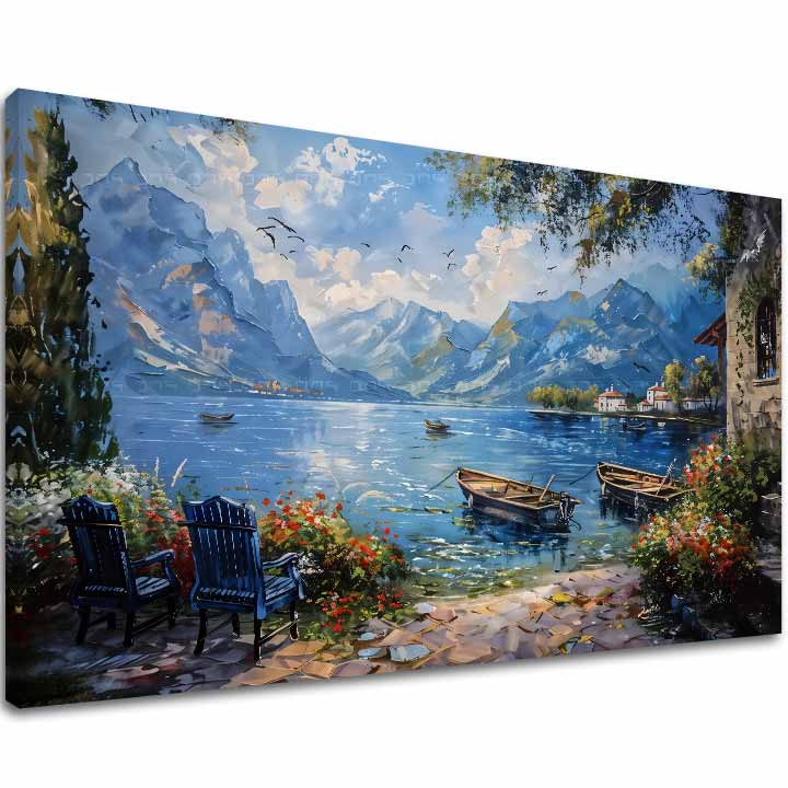Art deco tablou pe pânză cu motivul Prístav v horách, munți, lac, flori în alb-albastru nuanțe, atmosferă liniștită, natură, potrivit pentru sufragerie – principală
