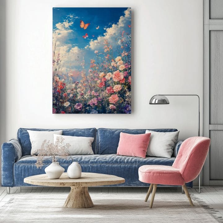 Modern tablou pe pânză cu motivul Fluturi na Înflorite Pajiște - Colorată Eleganță, flori, fluturi, cer, nori în albastru-roz nuanțe | Tablou Fluturi na Înflorite Pajiște - Colorată E..., vedere 4