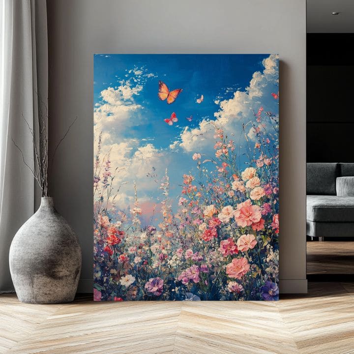 Modern tablou pe pânză cu motivul Fluturi na Înflorite Pajiște - Colorată Eleganță, flori, fluturi, cer, nori în albastru-roz nuanțe | Tablou Fluturi na Înflorite Pajiște - Colorată E..., vedere 5