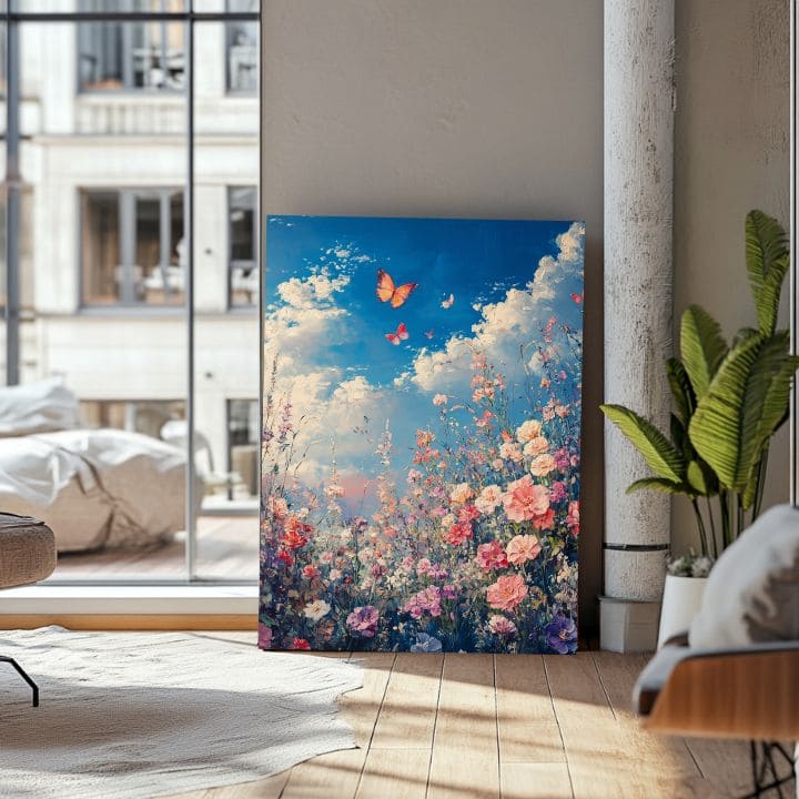 Modern tablou pe pânză cu motivul Fluturi na Înflorite Pajiște - Colorată Eleganță, flori, fluturi, cer, nori în albastru-roz nuanțe | Tablou Fluturi na Înflorite Pajiște - Colorată E..., vedere 3