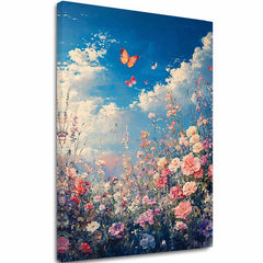 Modern tablou pe pânză cu motivul Fluturi na Înflorite Pajiște - Colorată Eleganță, flori, fluturi, cer, nori în albastru-roz nuanțe | Tablou Fluturi na Înflorite Pajiște - Colorată Eleganță