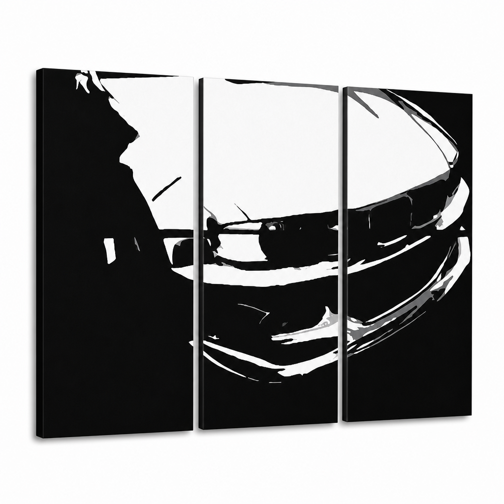 Pictat manual POP Art imagine de BMW M3 3 bucata bmw – Vizualizare 3D a tabloului pictat manual pe fundal alb. Culori dominante: negru, alb.