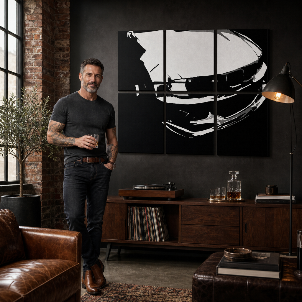 Pictat manual POP Art imagine de BMW M3 3 bucata bmw – tablou într-un interior modern masculin, vizualizare lifestyle. Culori dominante: negru, alb.
