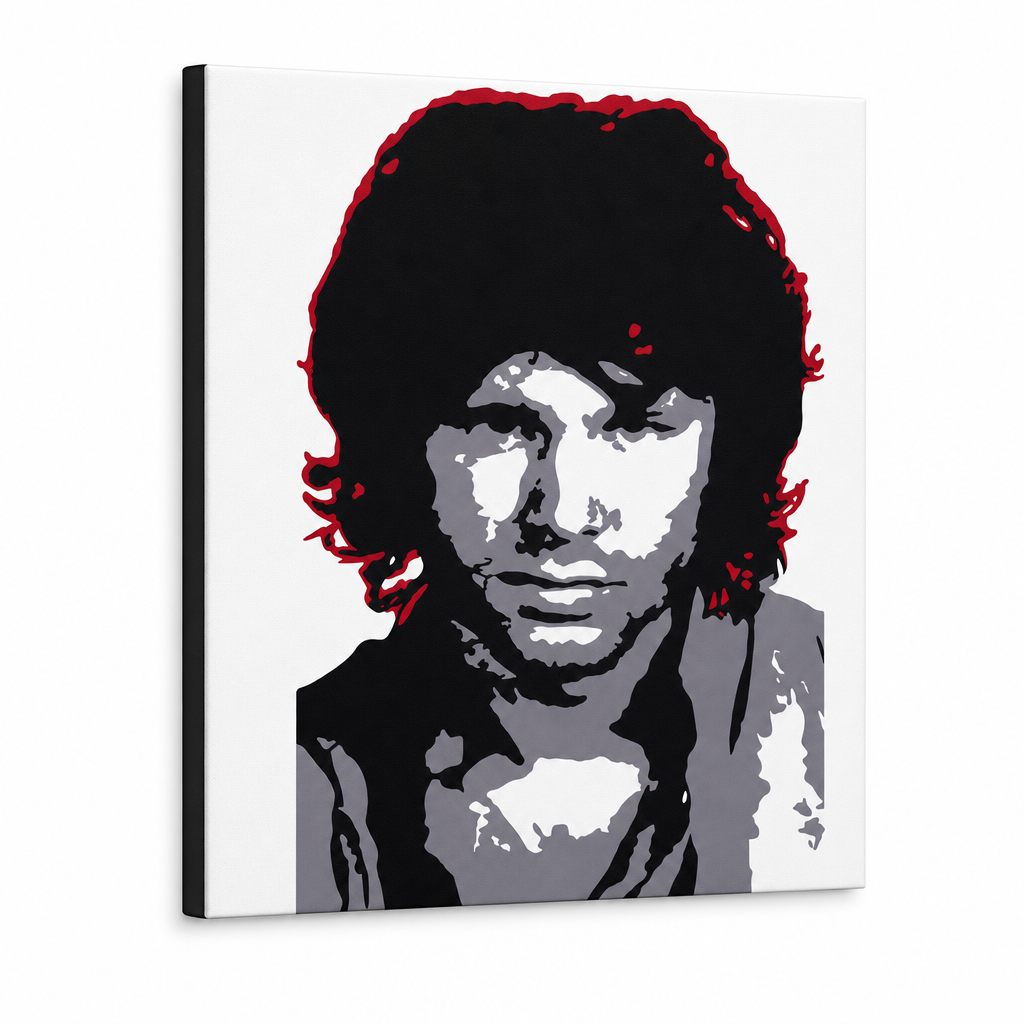 Pictat manual POP Art Jim Morrison 1 bucată jm – Vizualizare 3D a tabloului pictat manual pe fundal alb. Culori dominante: negru, alb, gri, roșu.