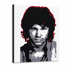 Pictat manual POP Art Jim Morrison 1 bucată jm – Vizualizare 3D a tabloului pictat manual pe fundal alb. Culori dominante: negru, alb, gri, roșu.
