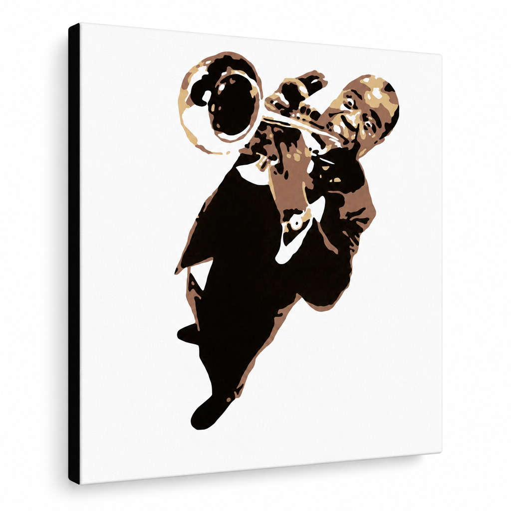 Pictat manual POP Art Luis Armstrong 1 buc la – Vizualizare 3D a tabloului pictat manual pe fundal alb. Culori dominante: maro, galben, negru.