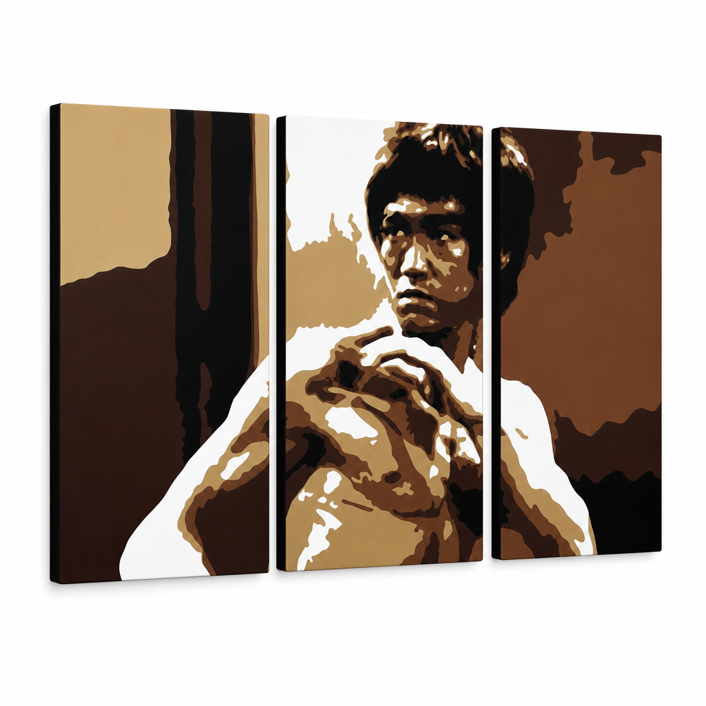 Tablou POP ART pictat manual AL Bruce Lee 3 piese lee – Vizualizare 3D a tabloului pictat manual pe fundal alb. Culori dominante: maro, bej, negru, auriu, alb.
