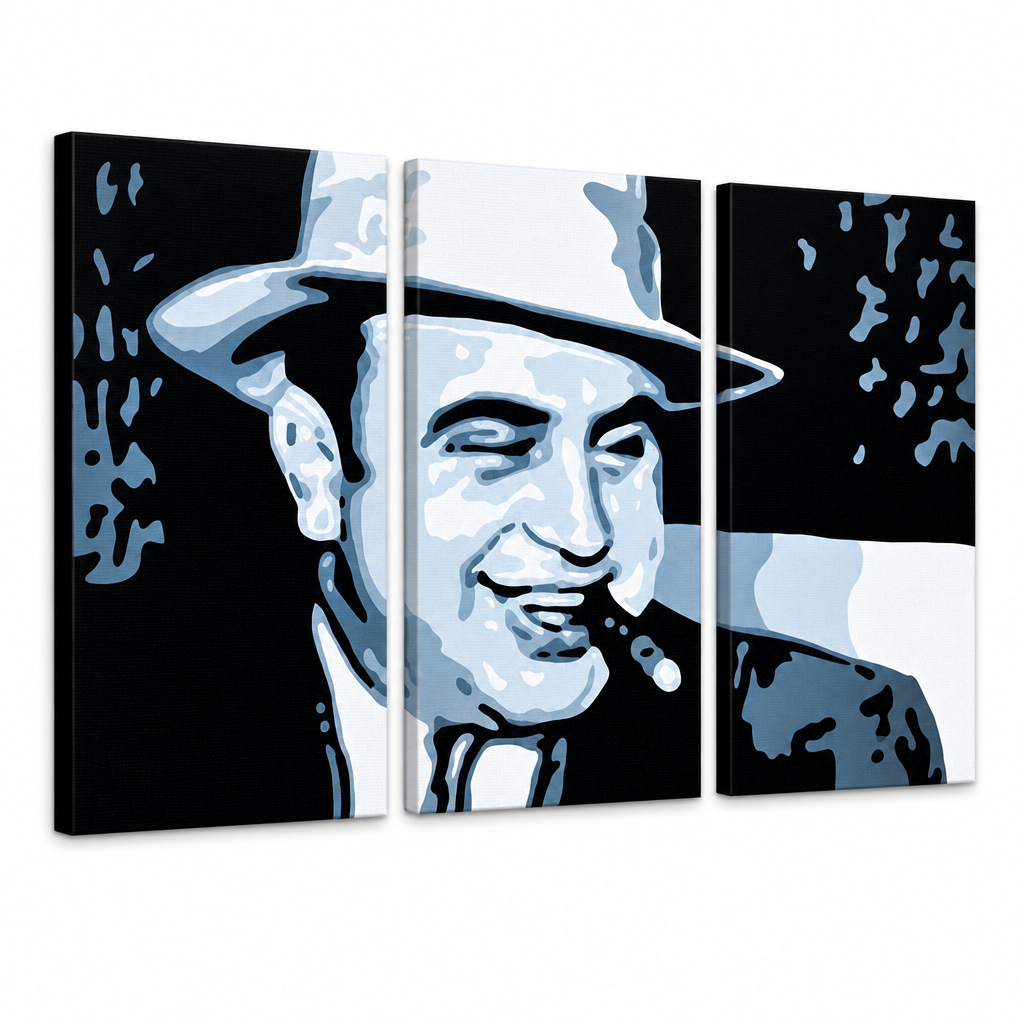 Tablou POP ART pictat manual AL CAPONE – Vizualizare 3D a tabloului pictat manual pe fundal alb. Culori dominante: negru, albastru, alb.